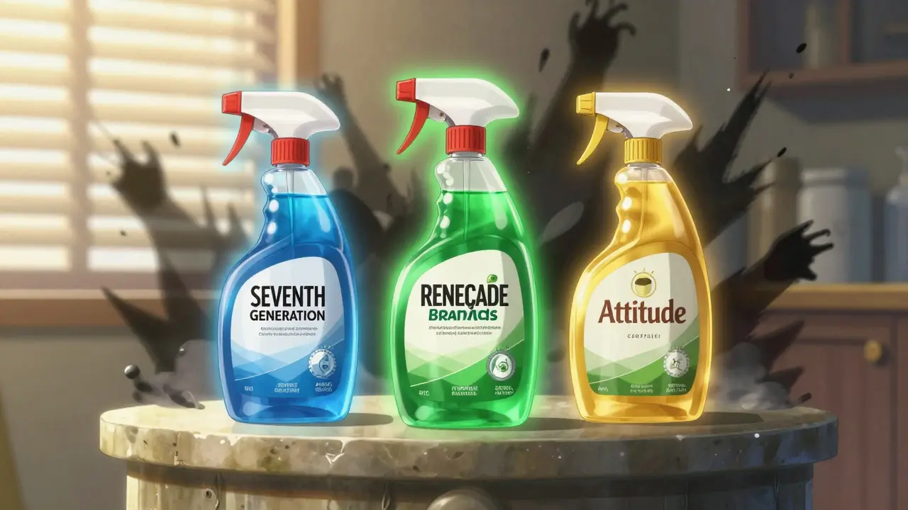 Three certified cleaning products radiating colored halos while harmful chemical fumes retreat in the background.