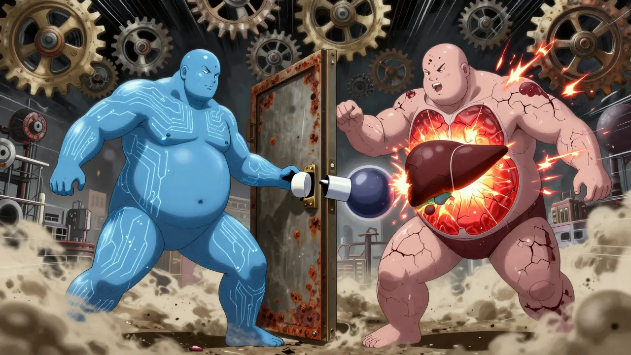 Two human figures showing different fat storage patterns, one healthy and one with metabolic stress.