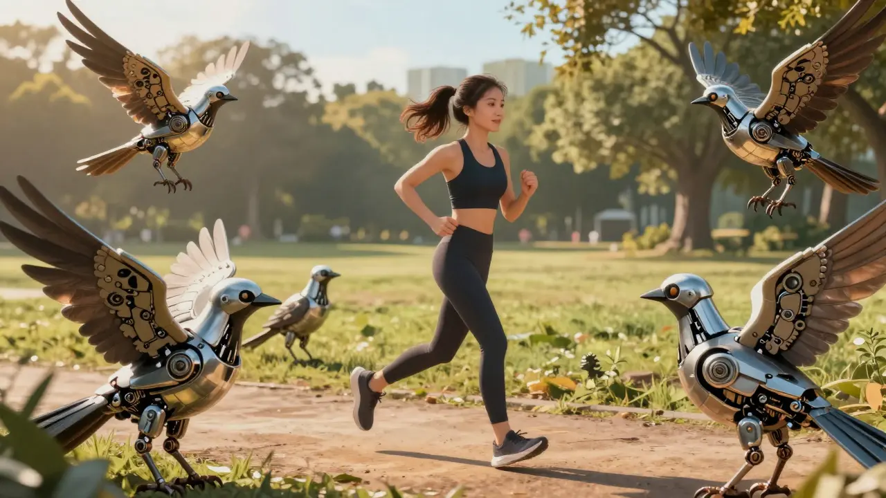 Woman practicing yoga in a park with robotic birds in the background.