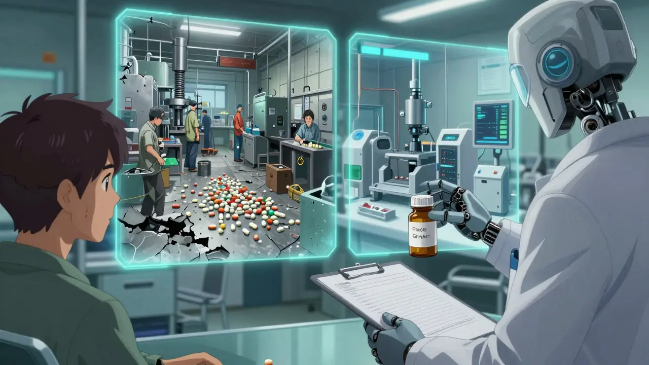 A clinician views two contrasting drug manufacturing timelines — one chaotic and outdated, the other precise and automated.