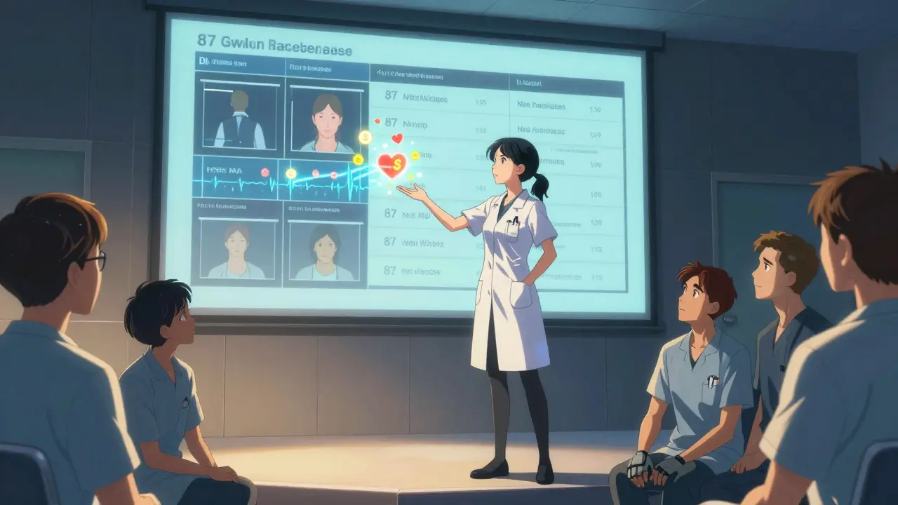 A female doctor presents patient outcome data at grand rounds, colleagues watching as glowing stats transform into heartbeats and dollar signs.