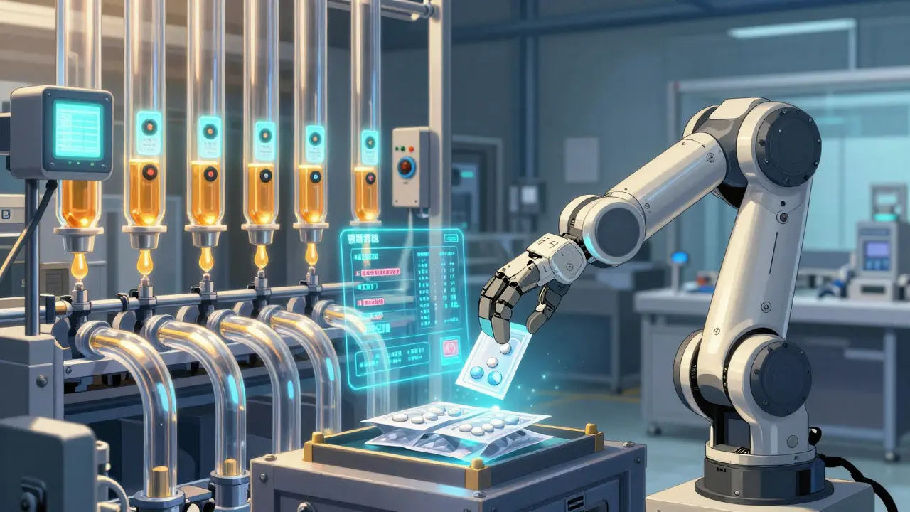 A high-tech U.S. pharmaceutical facility with glowing sensors and continuous production, ensuring perfect drug quality.