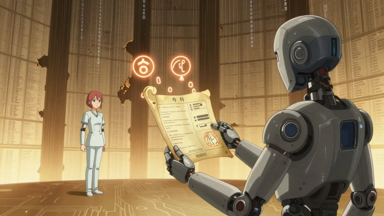 A patient's allergy card transforms into floating runes as hospital records dissolve into digital rain behind them.