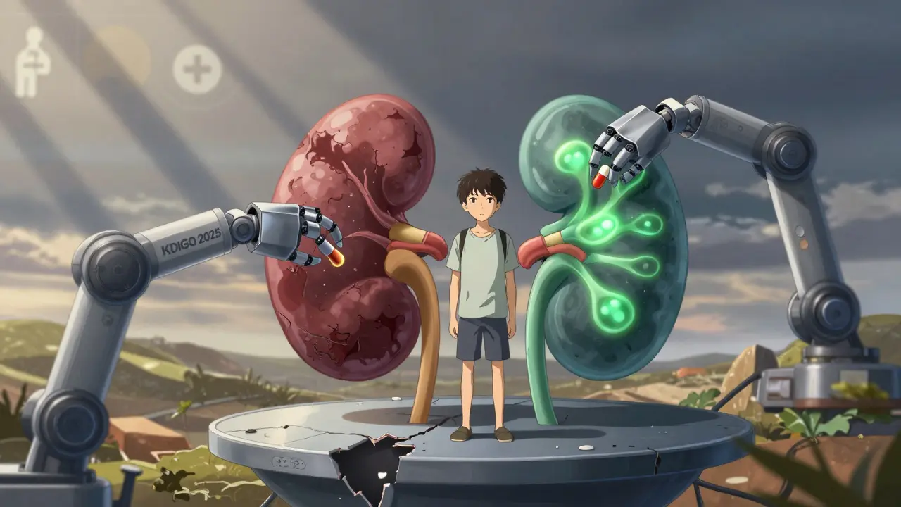 A patient above a fractured kidney landscape, with one side healed by targeted therapy and the other damaged by untreated disease.