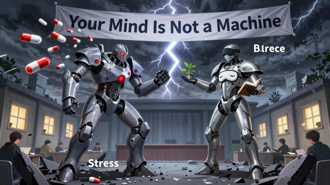 A robotic battle between 'Stress' and 'Balance' atop a lecture hall, symbolizing natural vs. drug-fueled academic success.