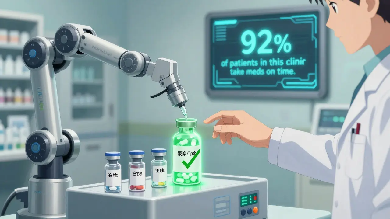 A robotic pharmacy system automatically dispenses the default, lower-cost medication with high adherence rates displayed on a digital board.