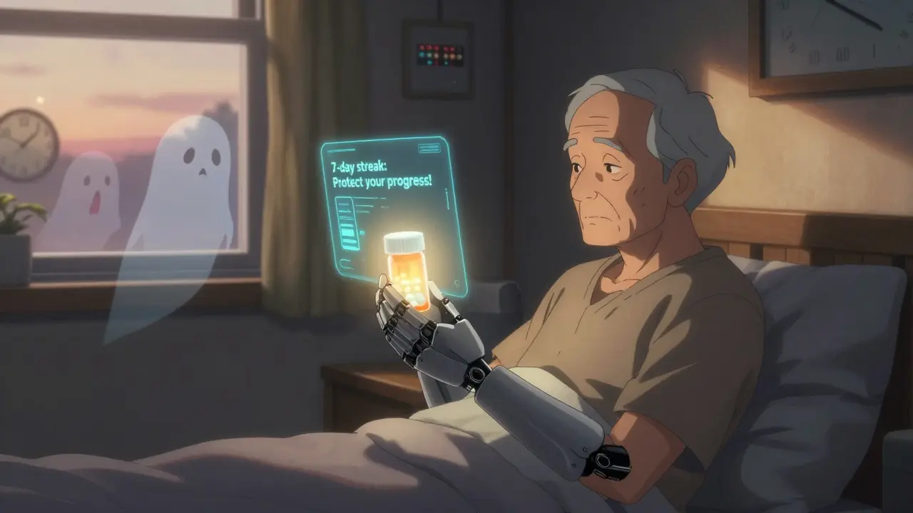 An elderly patient holds a glowing smart pill bottle with a streak counter, symbolizing habit and progress against mental barriers.