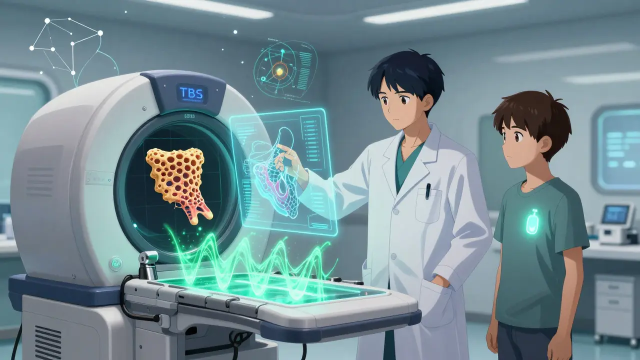 An endocrinologist analyzing a holographic trabecular bone score while a diabetic patient stands beside a DEXA scanner.