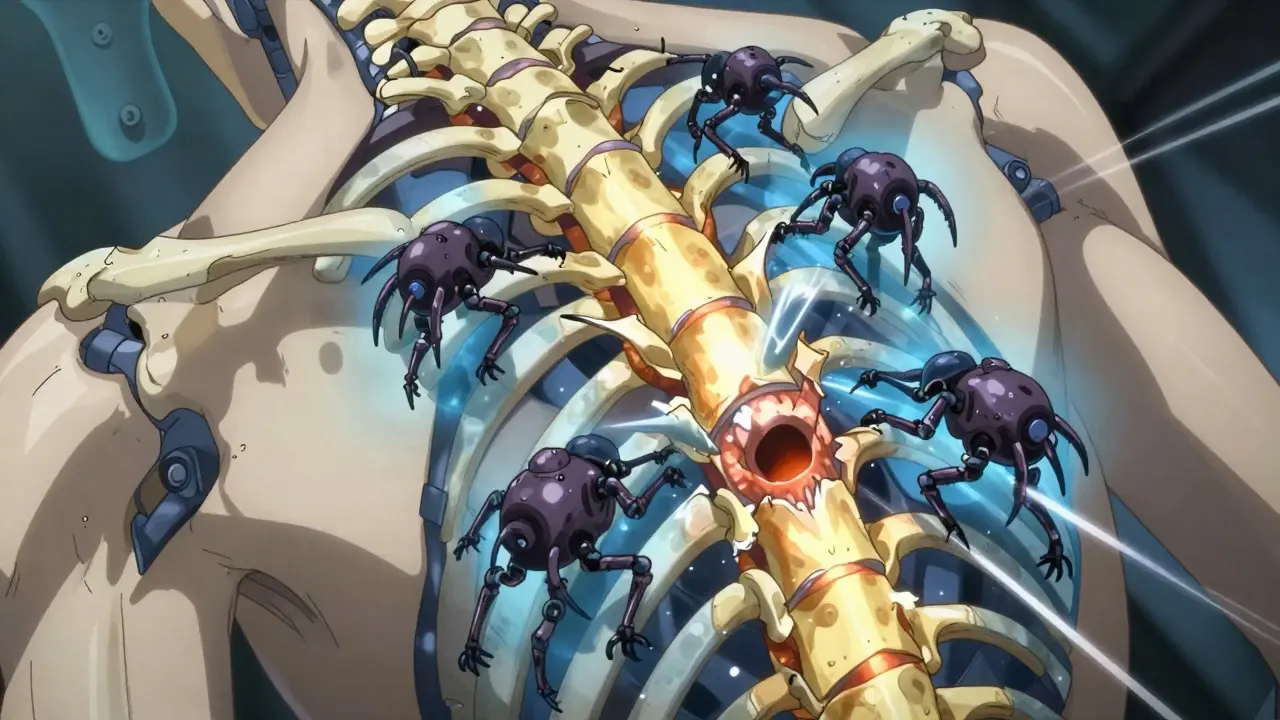 Bisphosphonate nanobots fighting osteoclasts to protect a robotic spine, with golden healthy bone contrasted against blue damage.