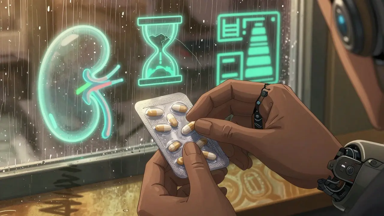 Dabigatran capsule being sealed in moisture-proof case, with kidney function warning icons nearby.