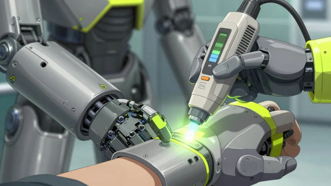 Diagnostic tool scanning a patient's wrist with glowing beam of light.