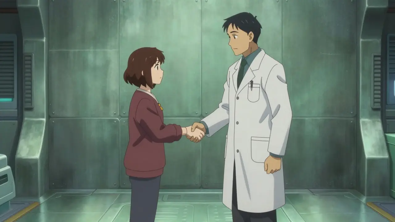 Doctor and patient shaking hands in green-lit high-tech corridor.
