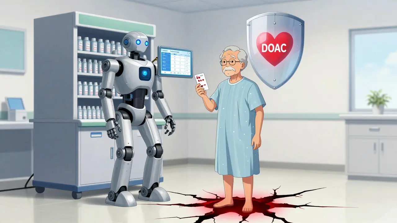 Elderly patient with anticoagulant card beside robotic pharmacist displaying kidney function calculations.