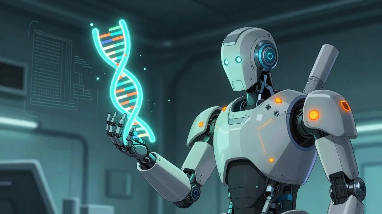 Future robot scans glowing green DNA strand for genetic variants.