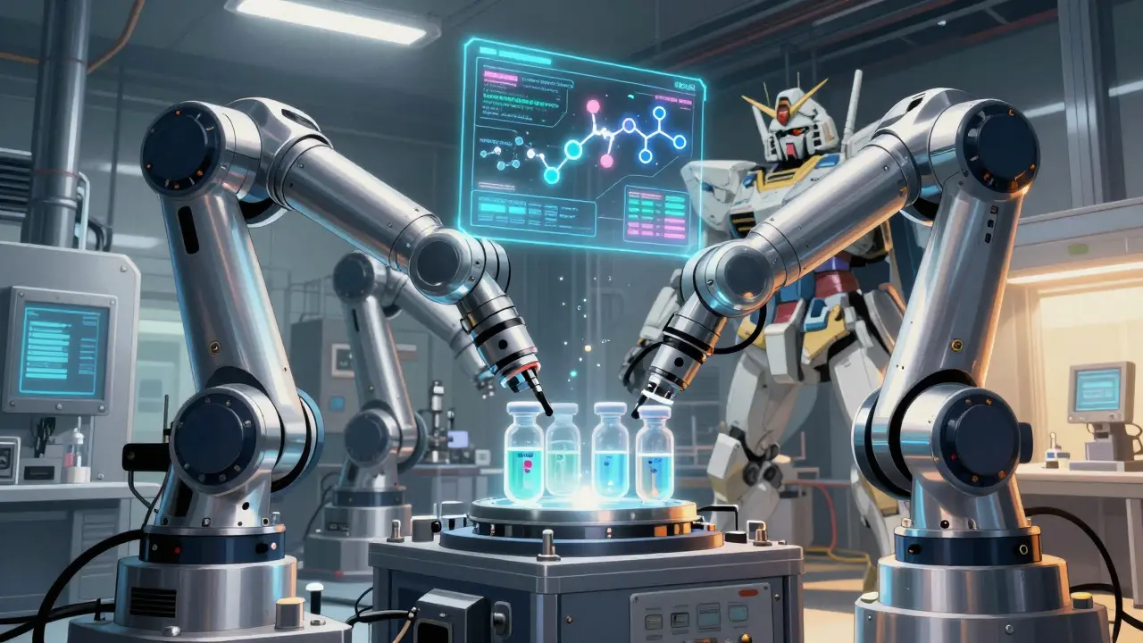 High-tech factory robots analyzing biological samples.