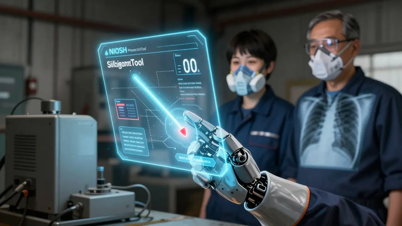 Holographic exposure monitor shows safe levels as worker wears proper respirator, healthy lungs displayed.