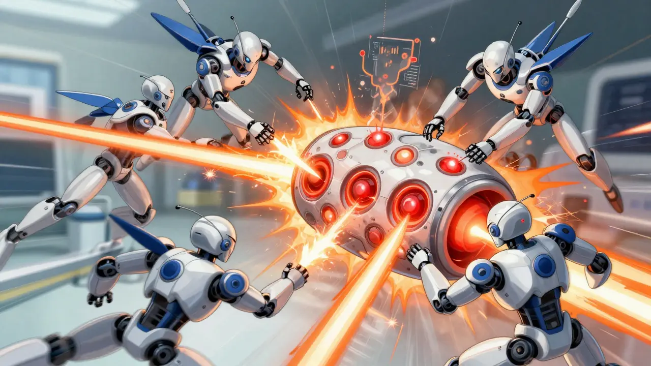 Robotic antibody units attacking a drug protein target.