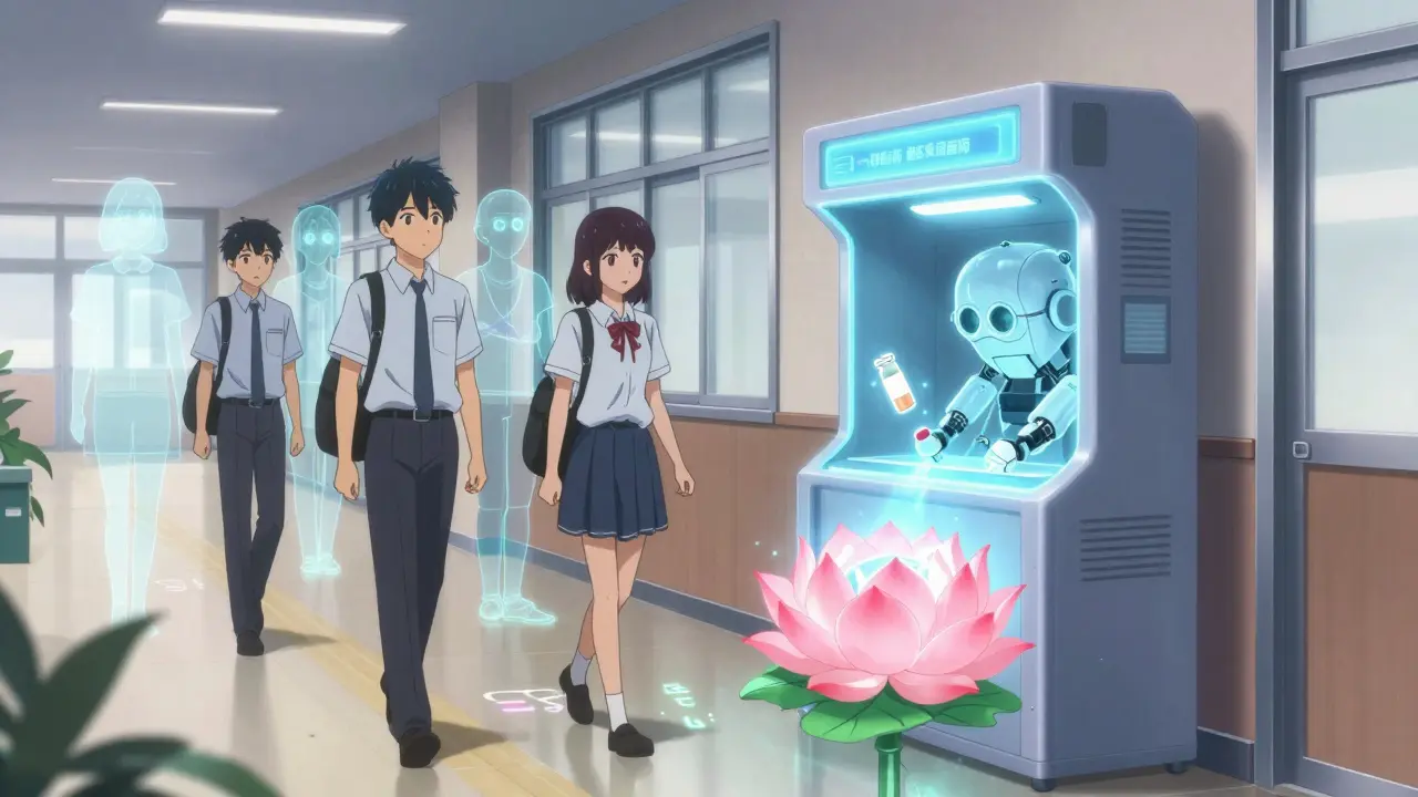Students passing a glowing drug disposal kiosk shaped like a lotus, with holographic figures of past misuse behind them.