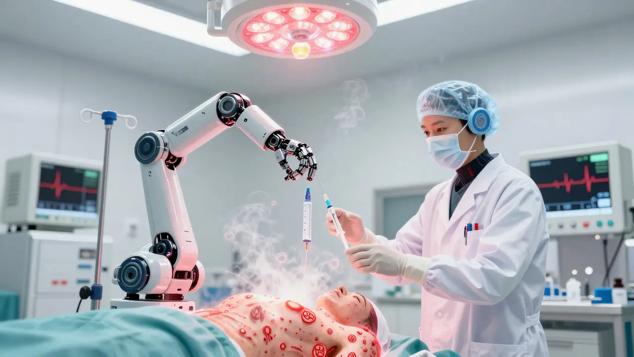 Surgical team frozen in action as glowing red danger symbols erupt around a patient during drug administration.