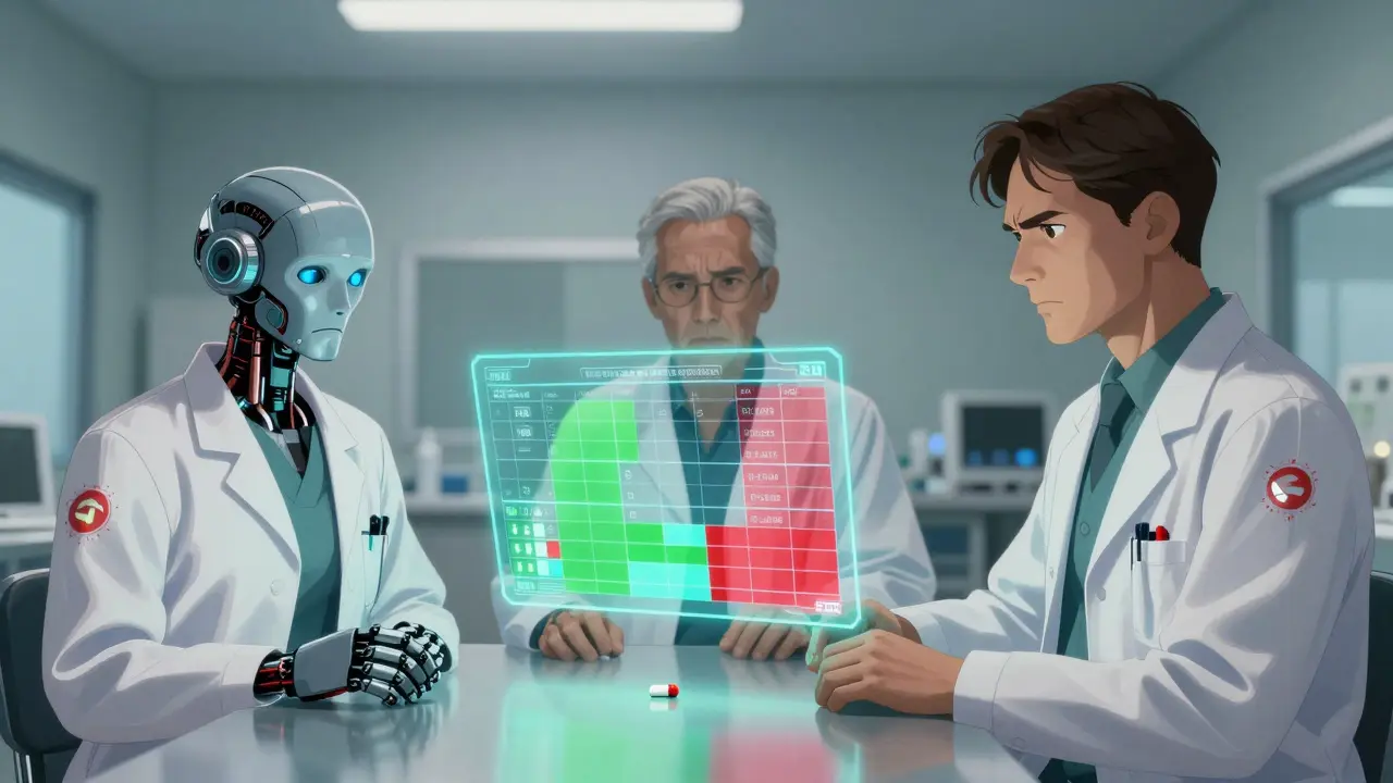 Three specialists stare at a flickering hologram of bioequivalence data, a generic pill untouched on the table.