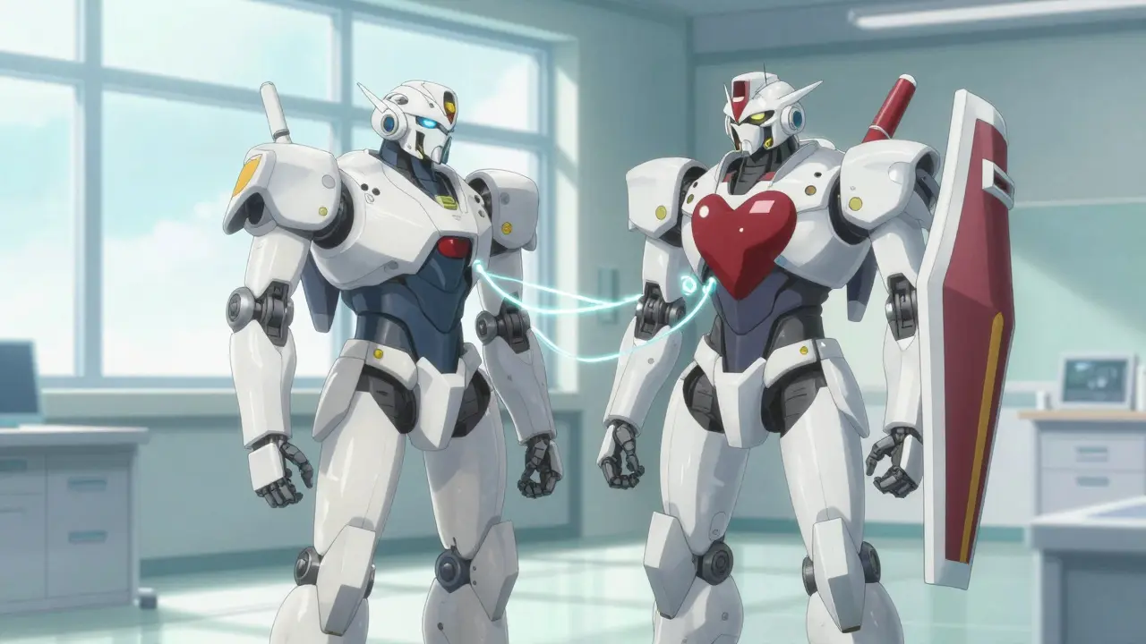 Two friendly mecha partners represent safe medication combination.