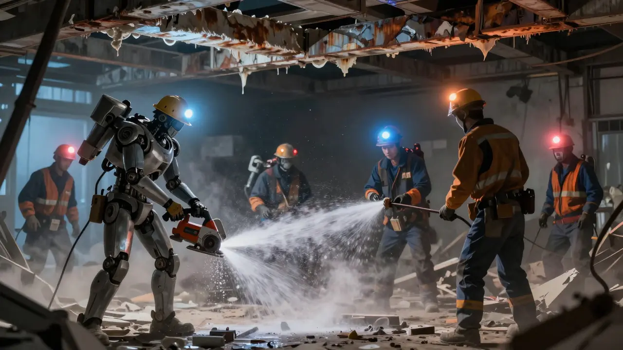Workers in demolition site with wet saw vs. dry tool, asbestos insulation visible, contrasting safety practices.