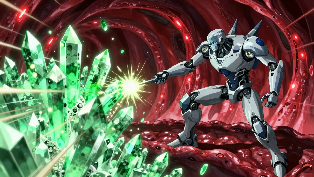 A futuristic robot battling green vitamin K crystals inside a red vein.