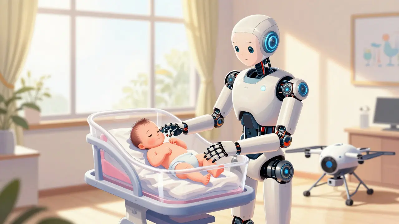 A futuristic robotic cradle with a newborn baby in a sunlit room