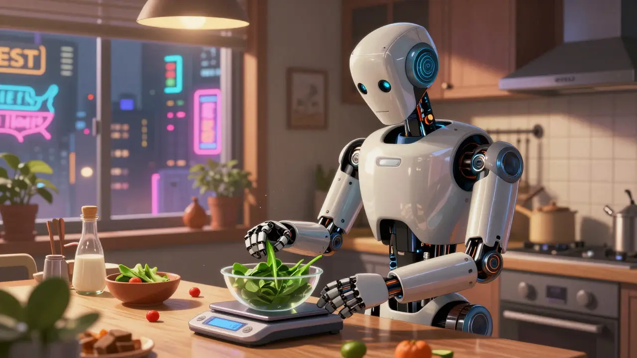A mechanical robot precisely measuring spinach in a neon cyberpunk kitchen.