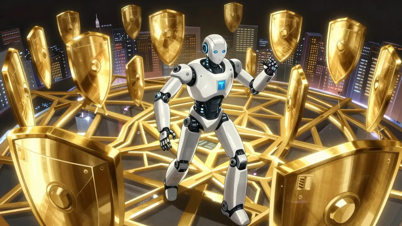 A medical robot facing a complex web of holographic golden shields.