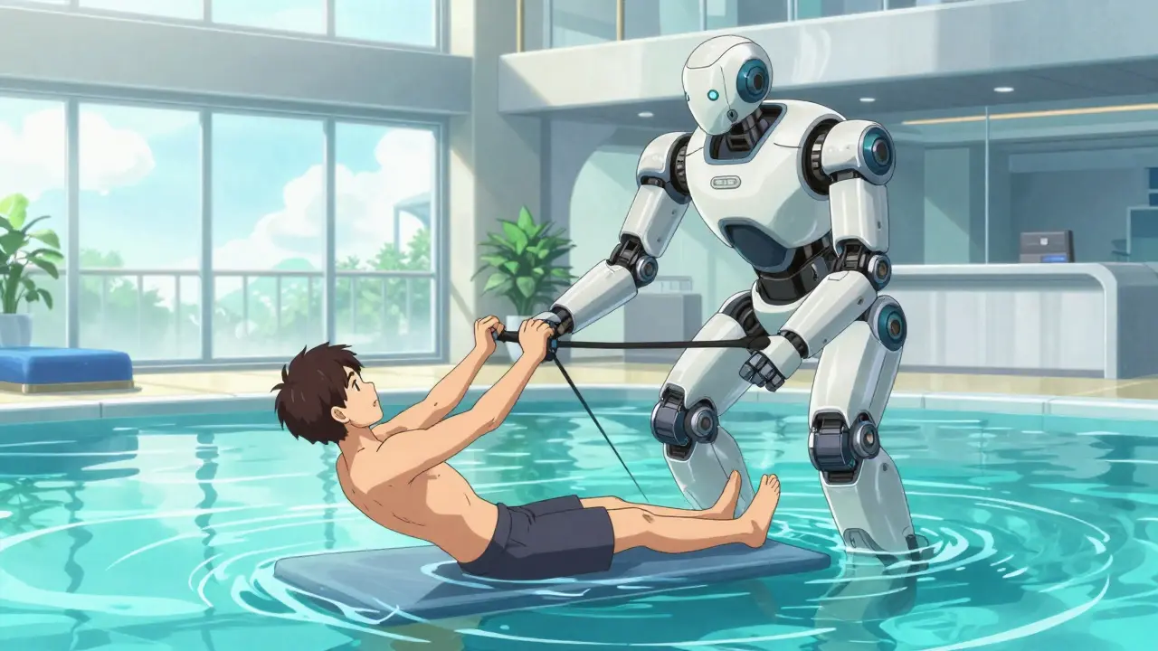 A person using a robotic exoskeleton for aquatic therapy in a bright modern facility.