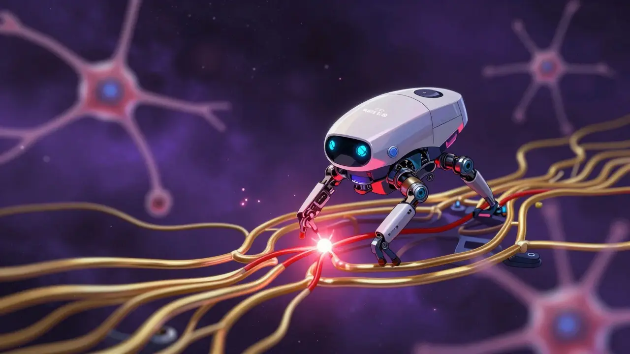 A tiny mechanical nanobot blocking a pain signal in a glowing neural network.