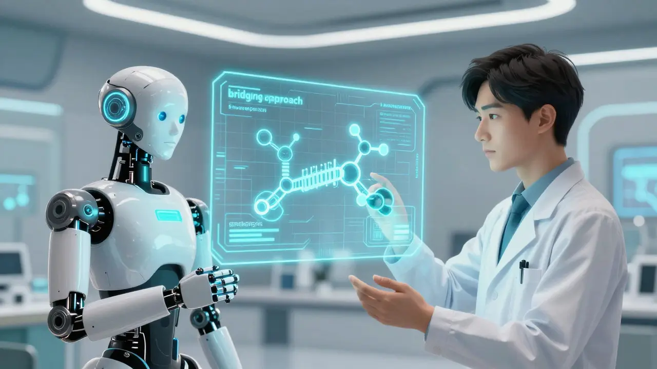 Android and doctor analyzing a holographic molecule bridge in a futuristic lab