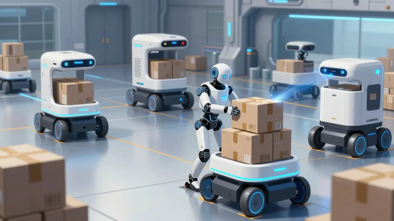 Autonomous delivery robots organizing medical parcels in a futuristic hub