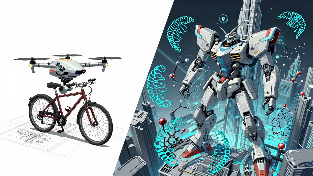 Comparison of a simple robot building a bike and a mecha-structure like a skyscraper.