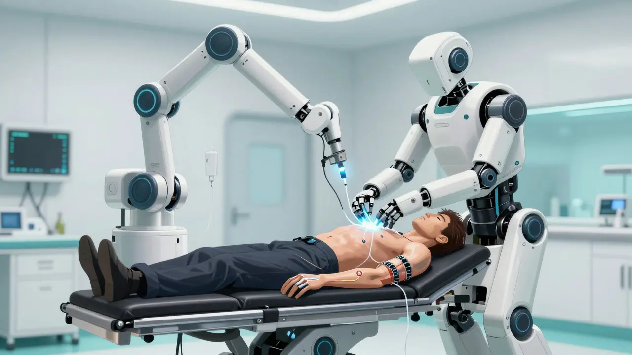 Futuristic medical robot treating a patient with elevated feet in a high-tech clinic