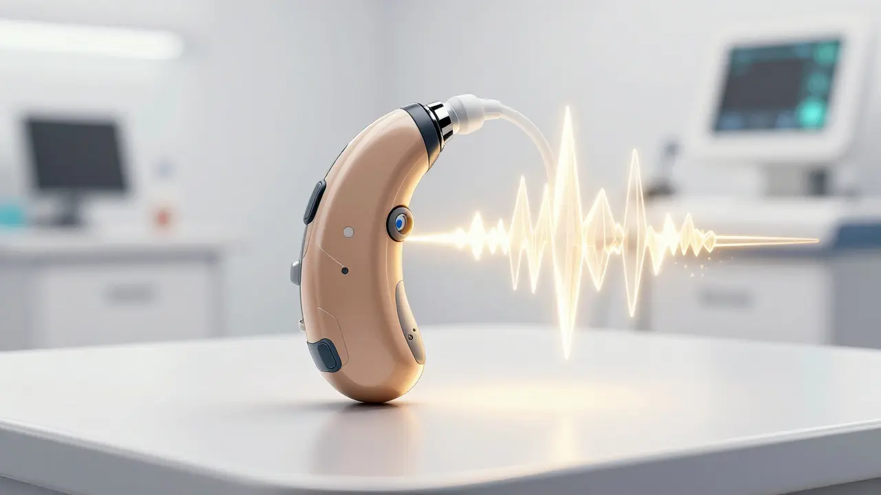 High-tech futuristic hearing aid with holographic sound wave processing