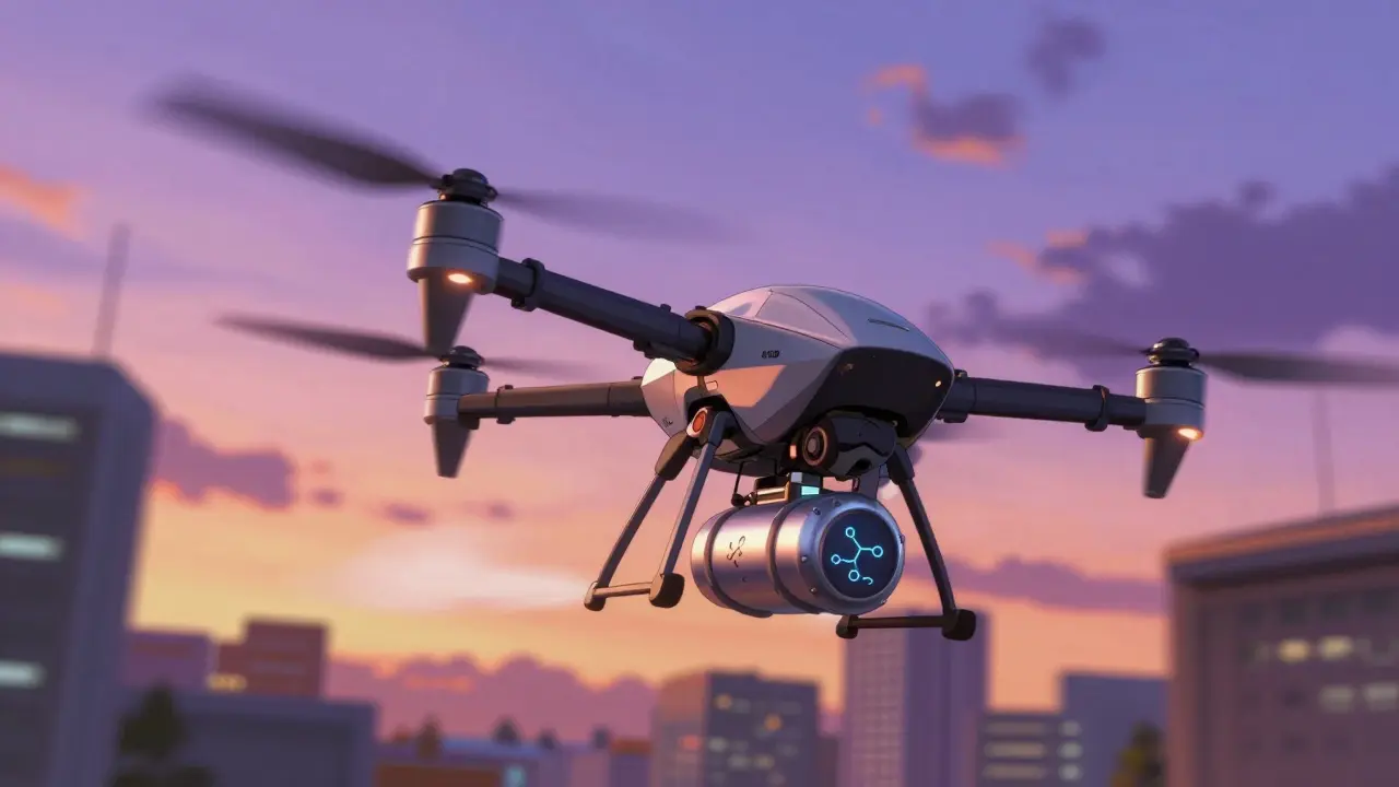 High-tech medical delivery drone transporting medication through a city