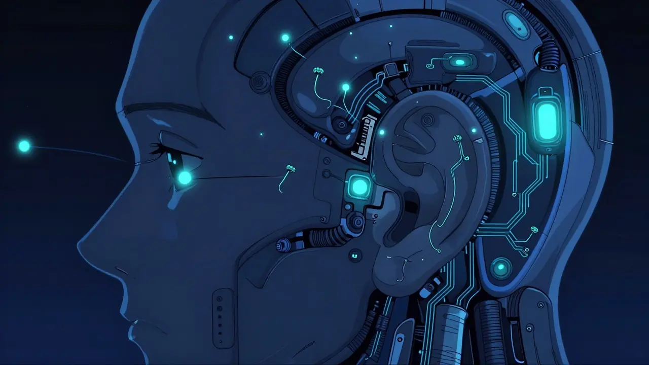 Mechanical anime-style illustration of a cochlea with fading bio-sensors