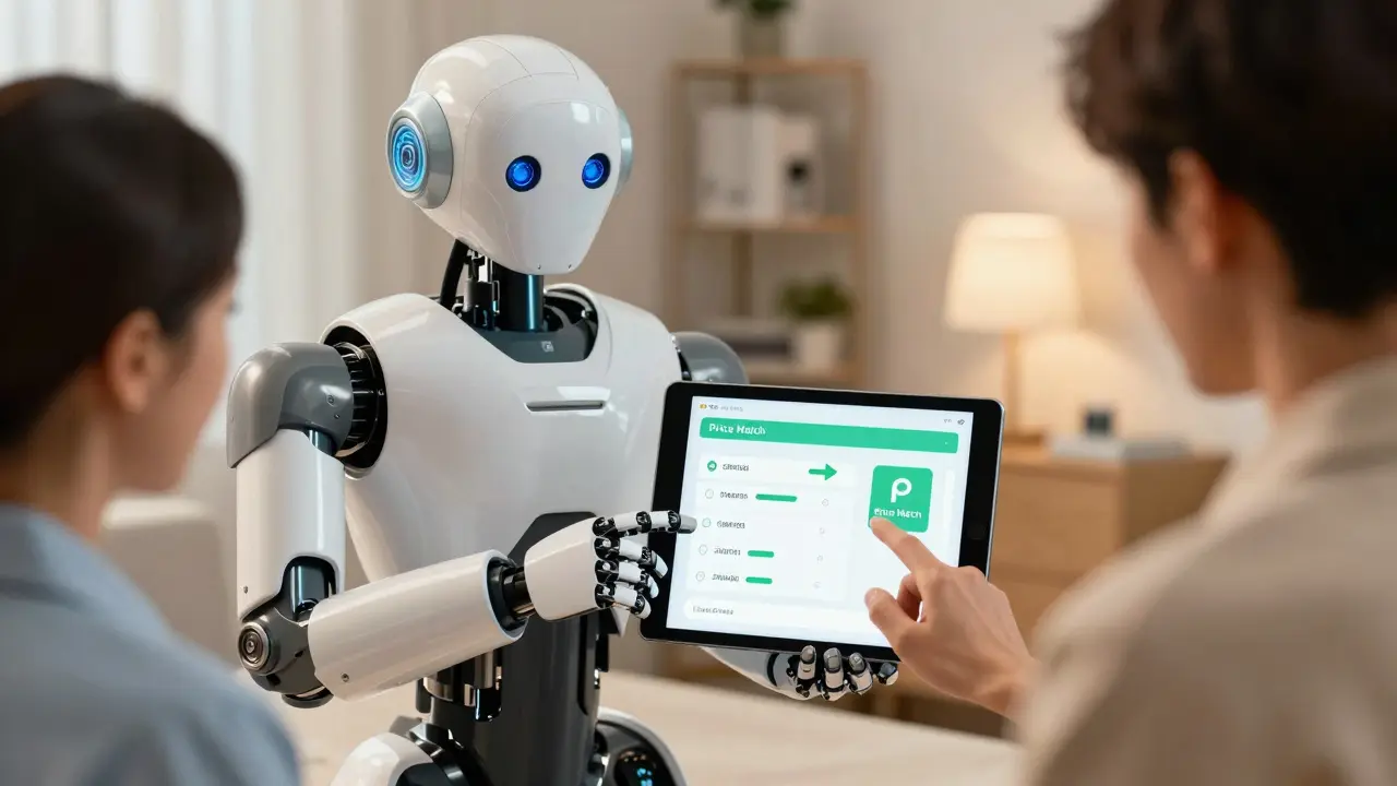 Medical android showing a cost-comparison chart to a patient on a tablet