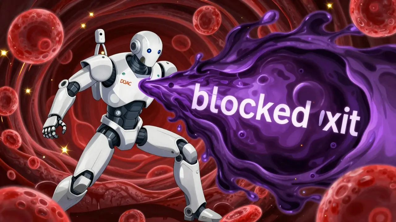 Medical robot trapped in a purple energy wave inside a crimson bloodstream