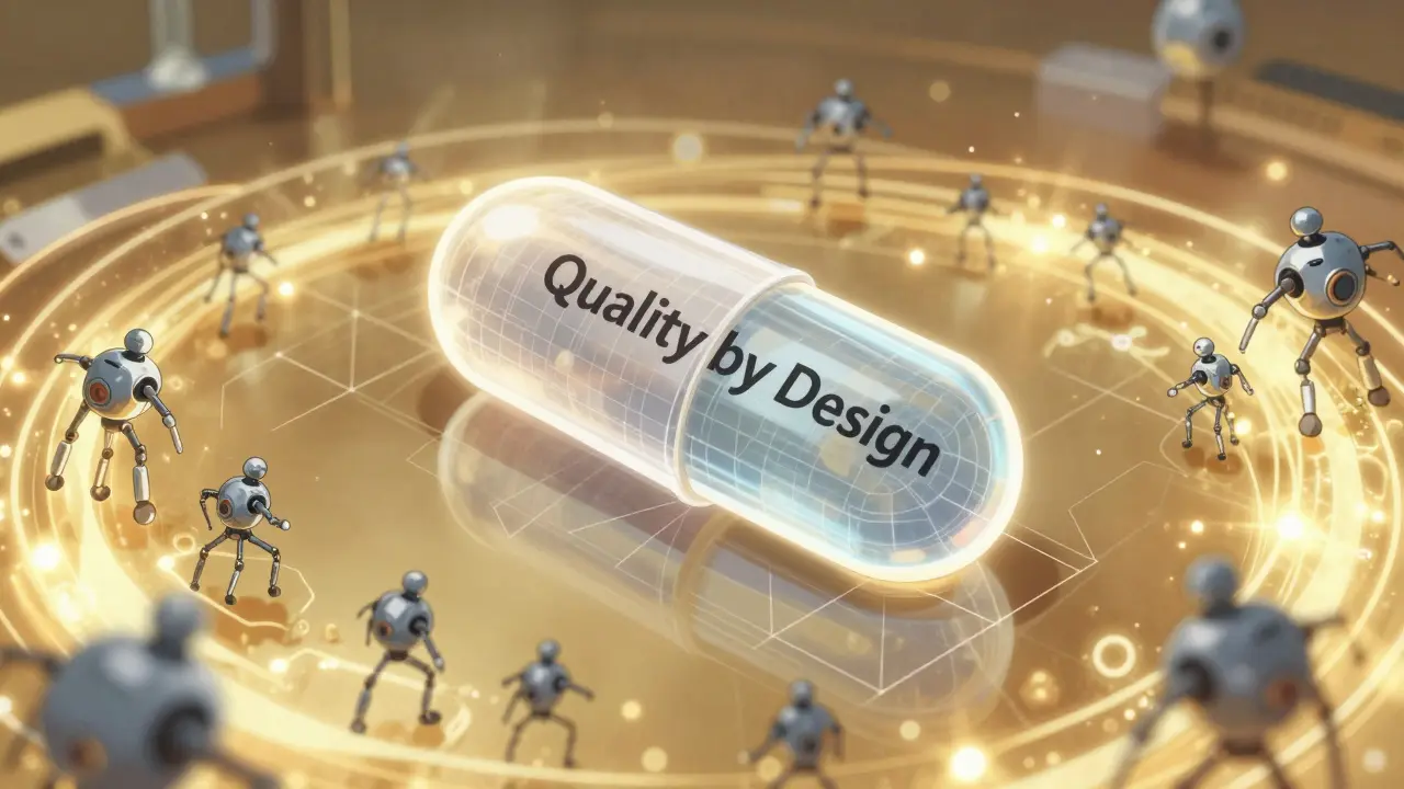 Nanobots constructing a futuristic drug molecule in a real robot anime style.