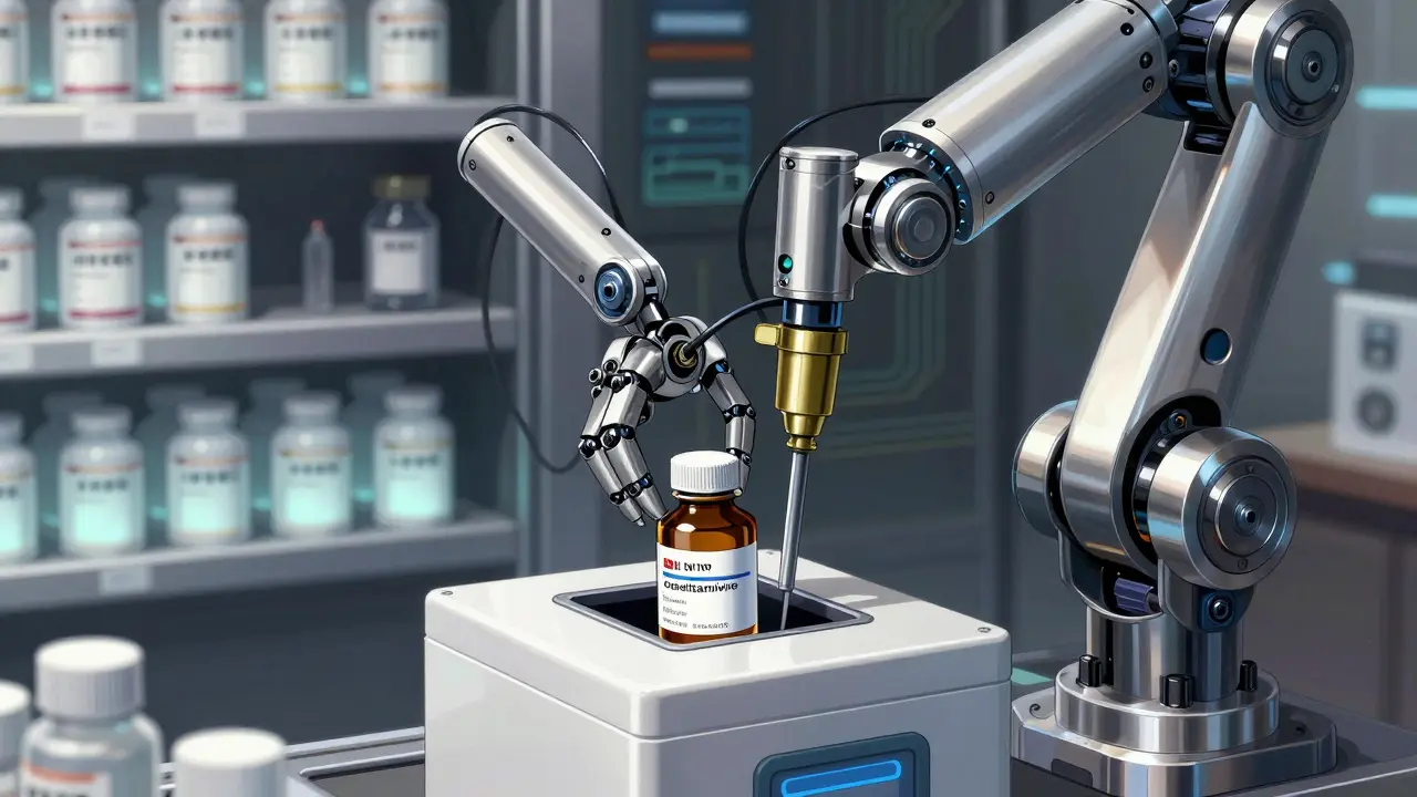 Robotic arm in a futuristic pharmacy dispensing a bottle of medication