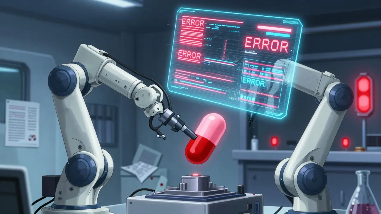 Robotic lab arm with glitching red error holograms in a real robot anime style.