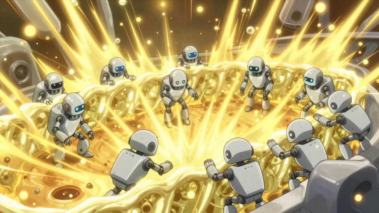 Small robots being disabled by golden energy waves in a microscopic setting