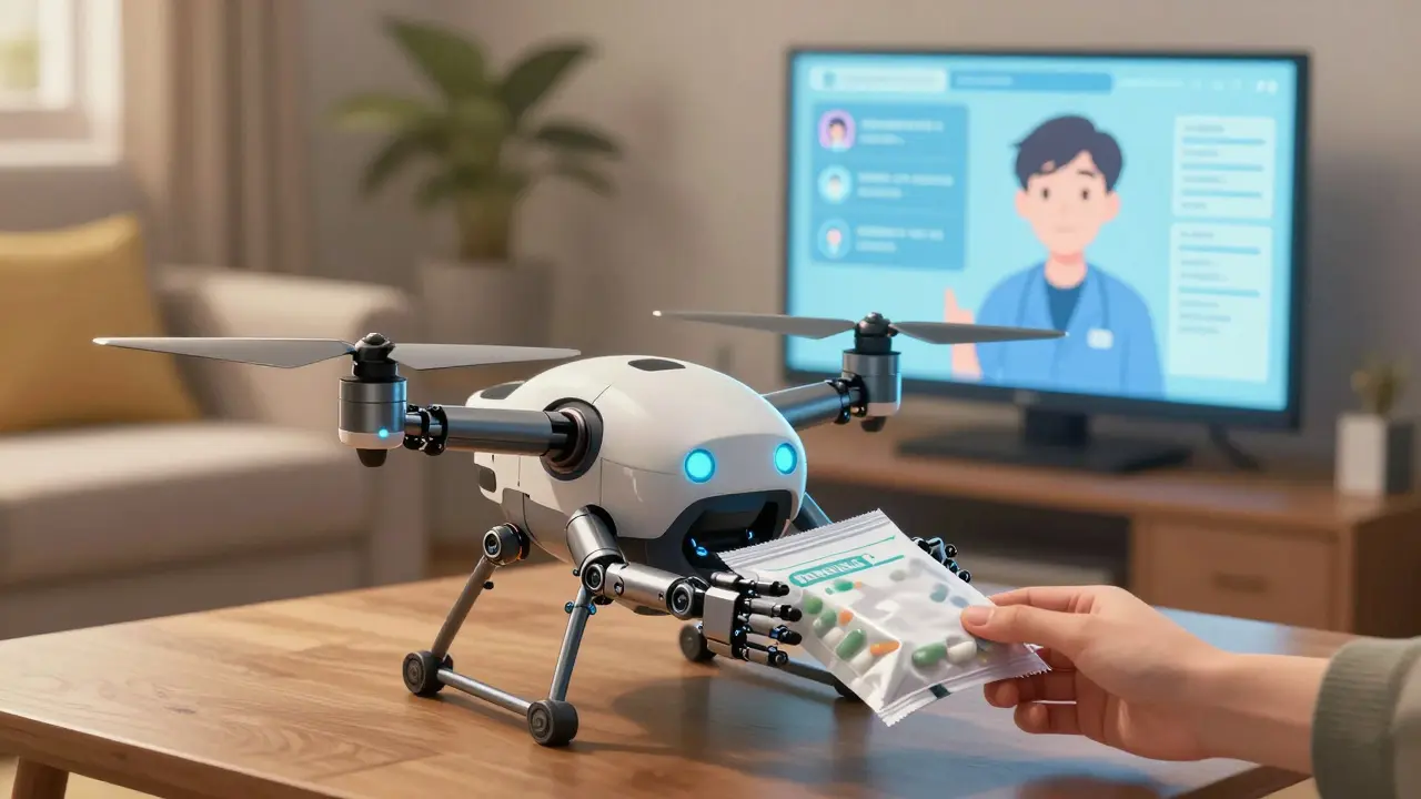 A delivery drone dropping off medication at a patient's home with holographic aid