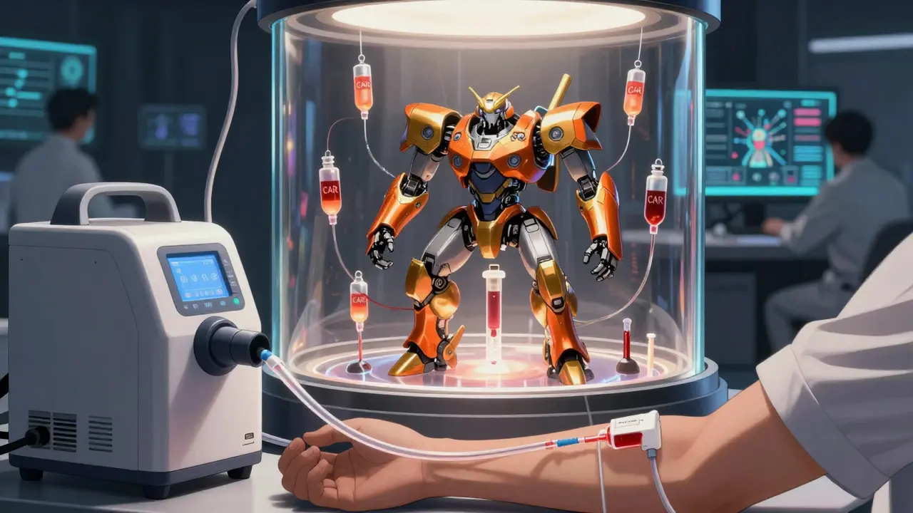 Anime depiction of T-cells transforming into robotic warriors during CAR-T therapy.