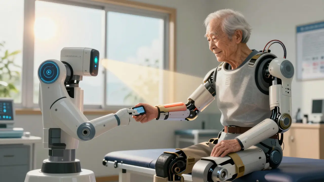 Elderly person with exoskeleton being scanned by robot