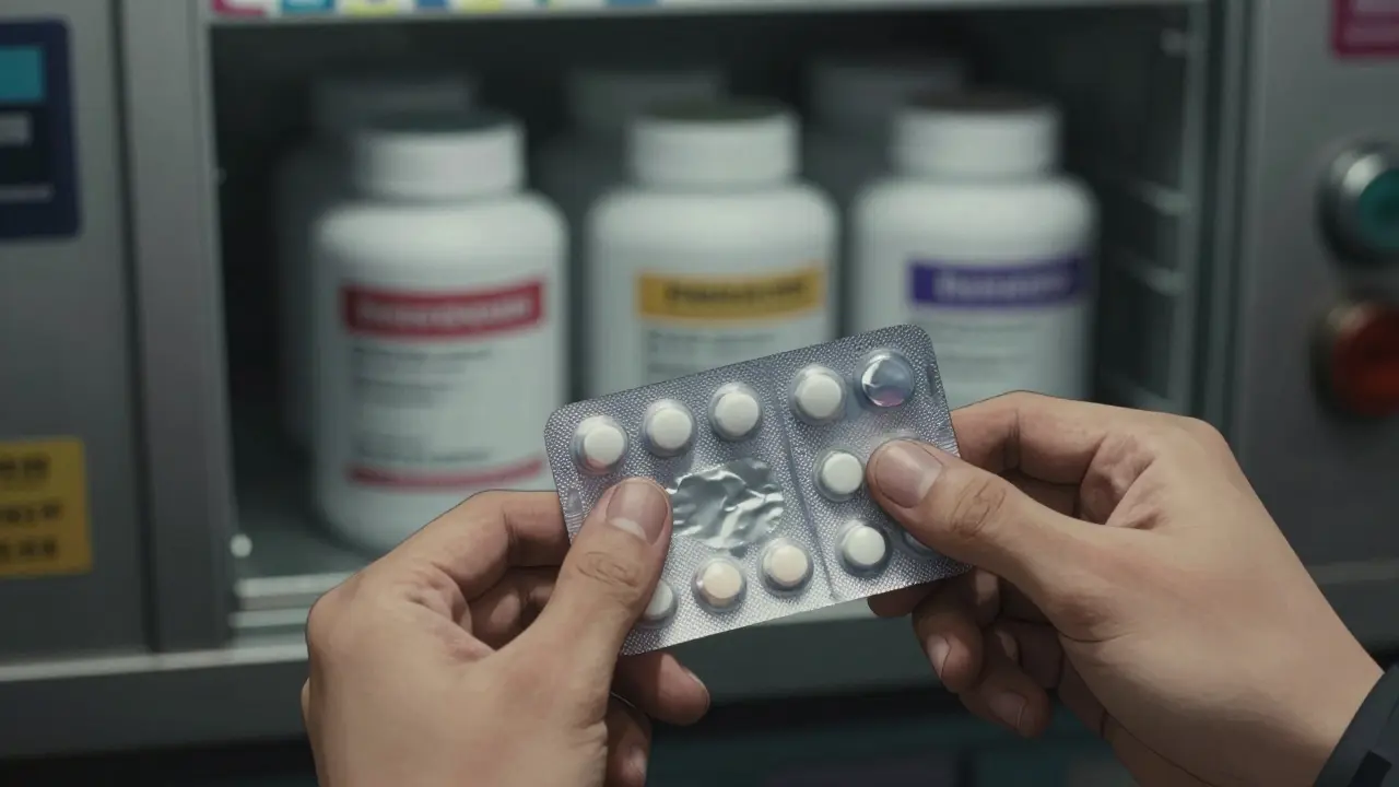 Hands holding restricted single-dose medication packs against bulk boxes.