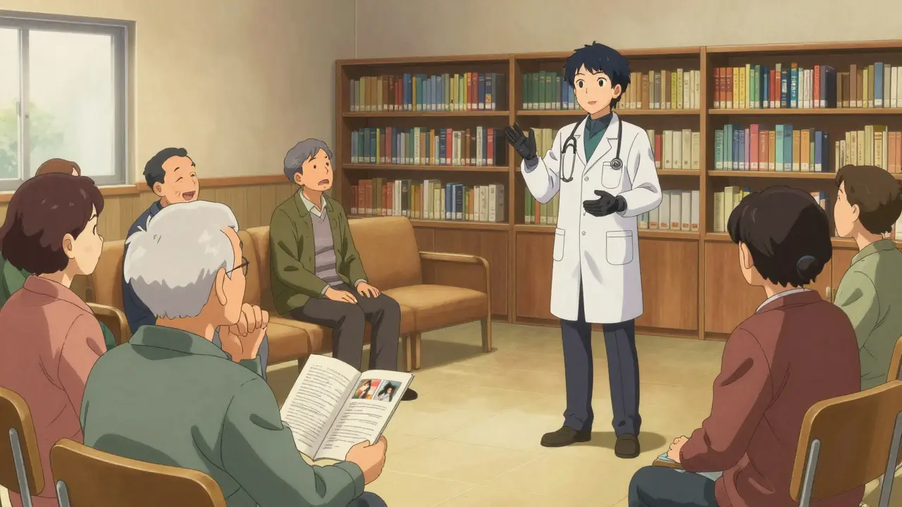 Health educator speaking to a community group in a library